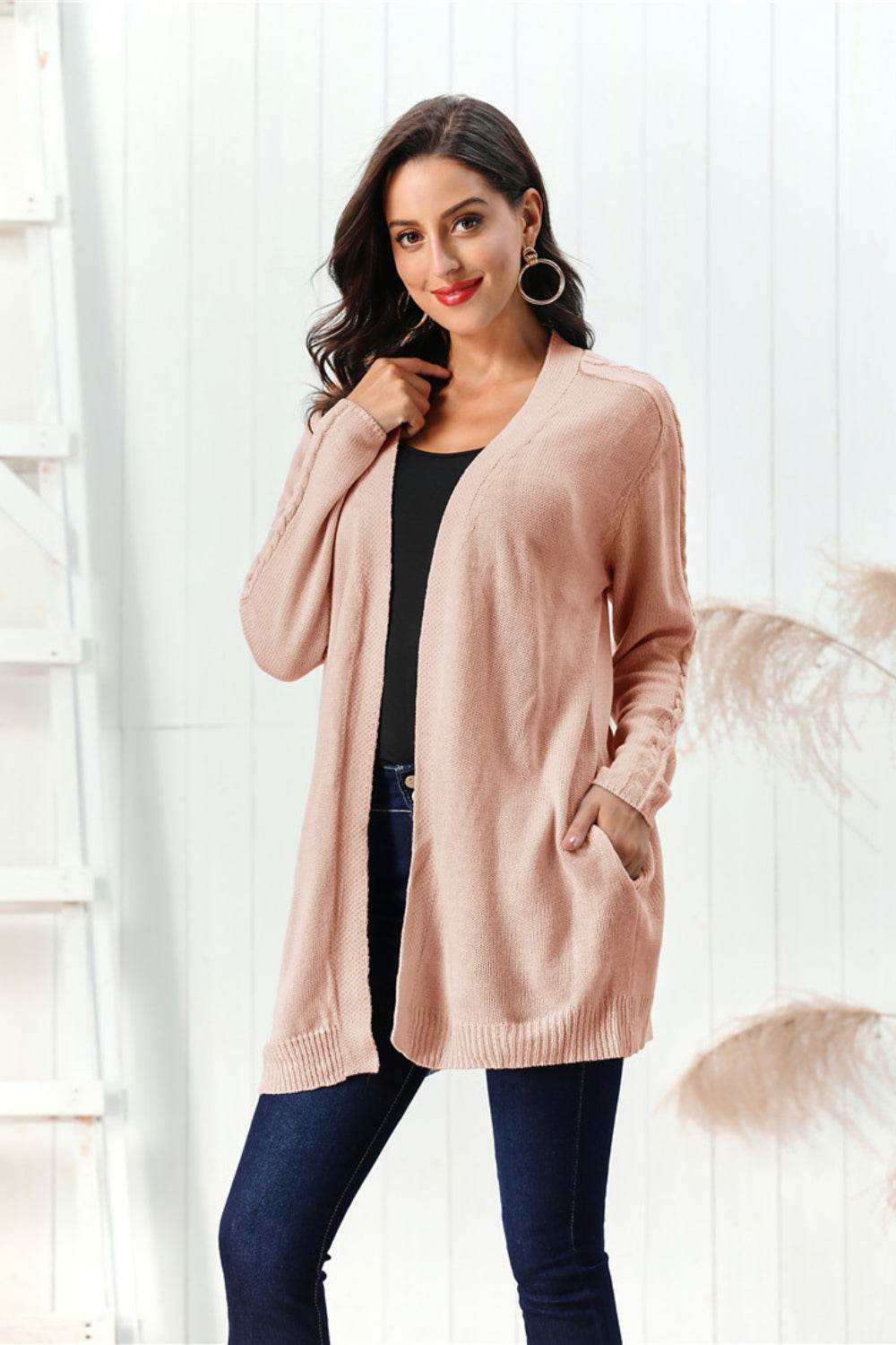 Cable-Knit Open Front Long Sleeve Cardigan for a perfect OOTD – dress to impress outfits from Amexza