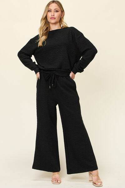 Double Take Full Size Texture Long Sleeve Top and Pants Set - Amexza