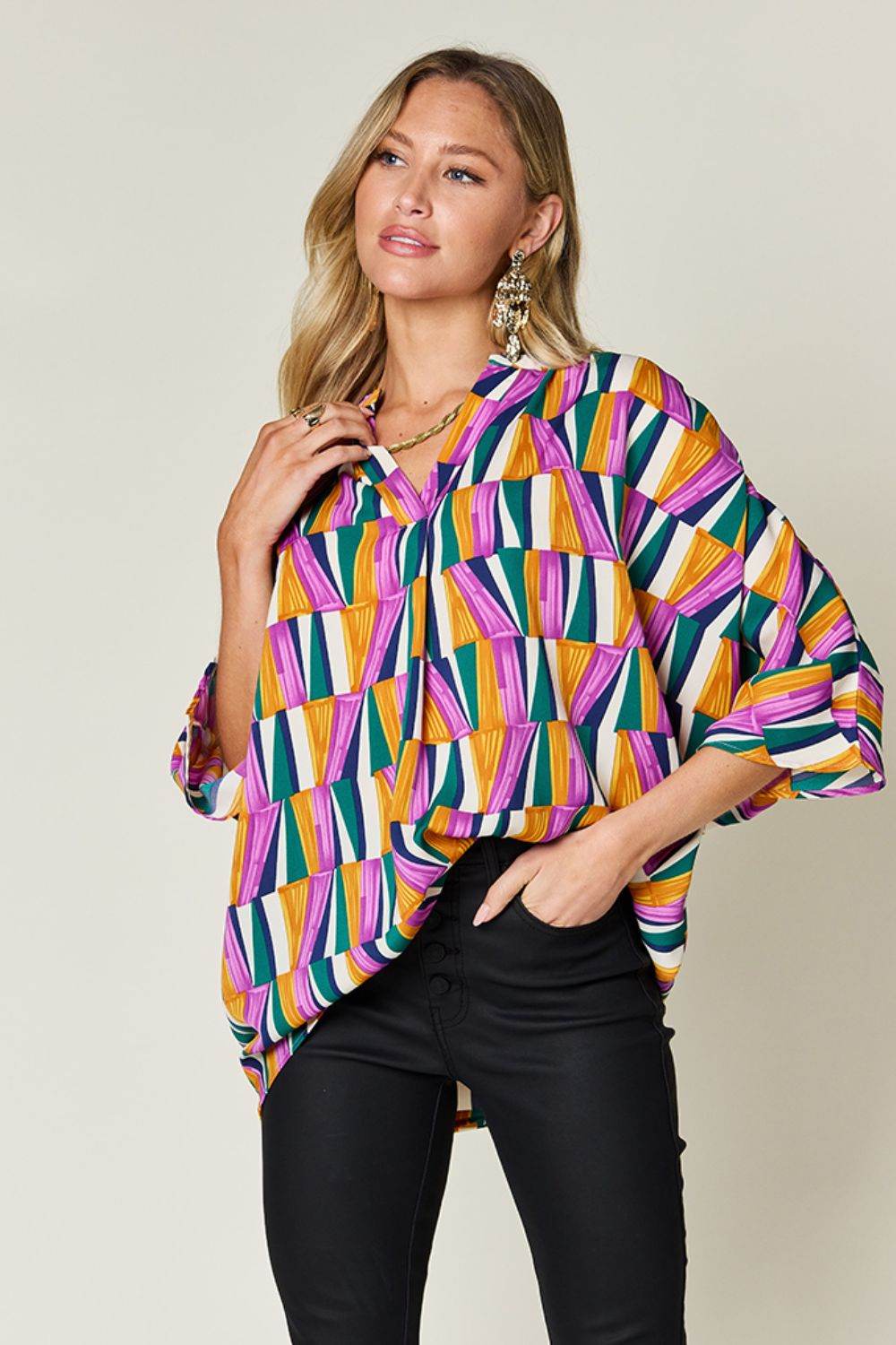 Double Take Full Size Geometric Notched Dolman Sleeve Top Purple for a perfect OOTD – dress to impress outfits from Amexza