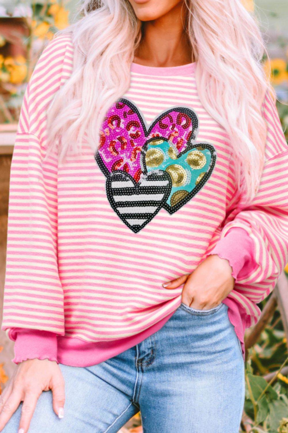 Striped Sequin Heart Round Neck Long Sleeve Sweatshirt for a perfect OOTD – dress to impress outfits from Amexza