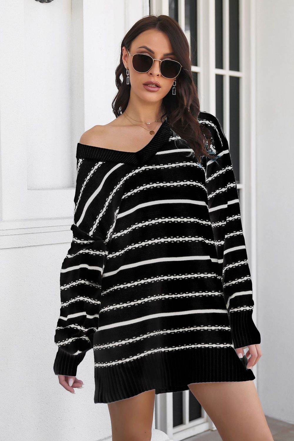 Striped V-Neck Sweater Dress Black for a perfect OOTD – dress to impress outfits from Amexza