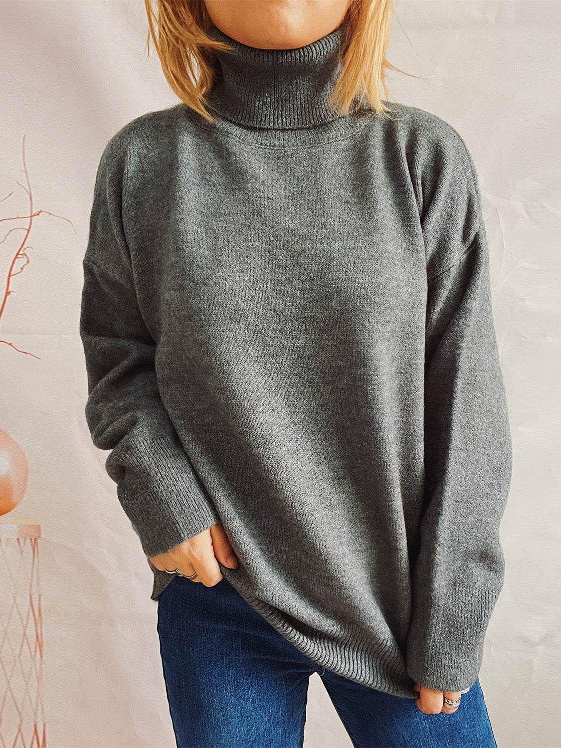 Turtleneck Long Sleeve Sweater Charcoal One Size for a perfect OOTD – dress to impress outfits from Amexza