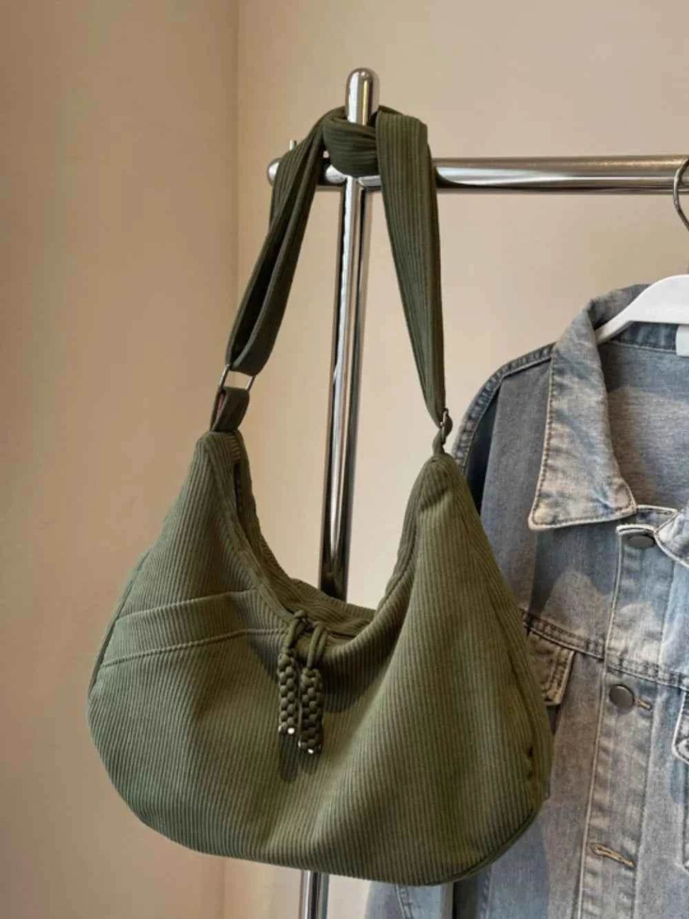 Ribbed Adjustable Strap Shoulder Bag Moss One Size for a perfect OOTD – dress to impress outfits from Amexza