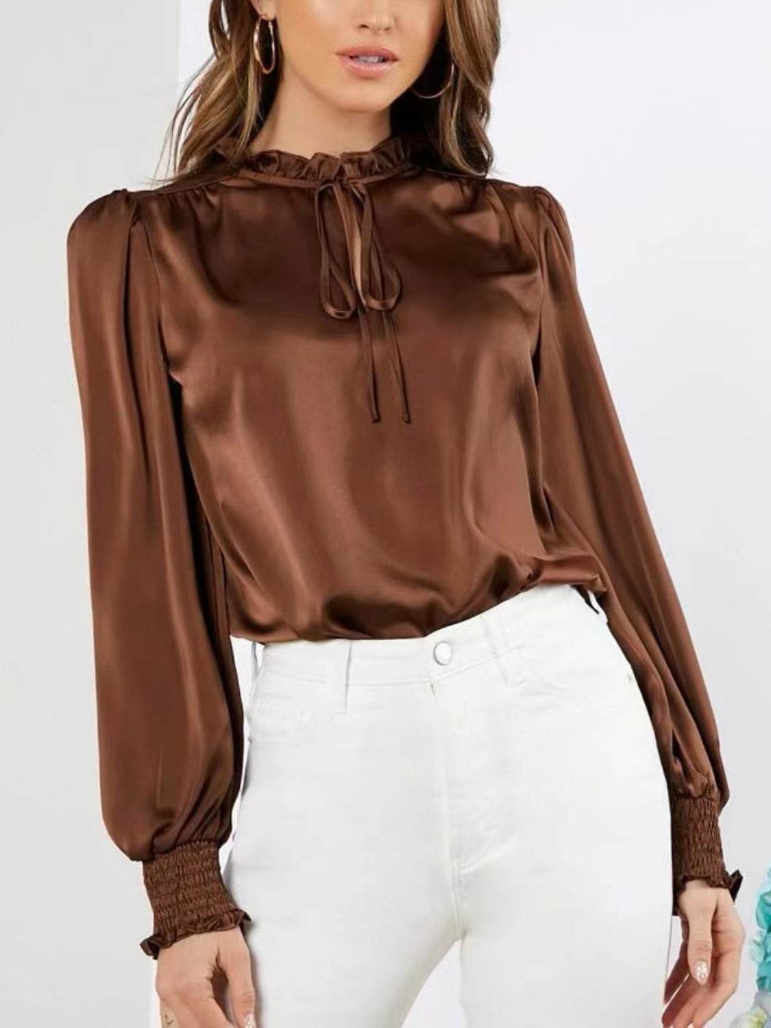 Frill Tied Lantern Sleeve Blouse for a perfect OOTD – dress to impress outfits from Amexza