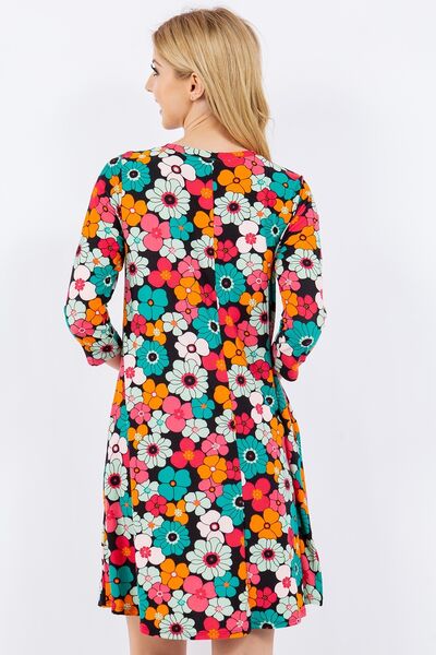 Celeste Full Size Floral Three-Quarter Sleeve Dress with Pockets for a perfect OOTD – dress to impress outfits from Amexza