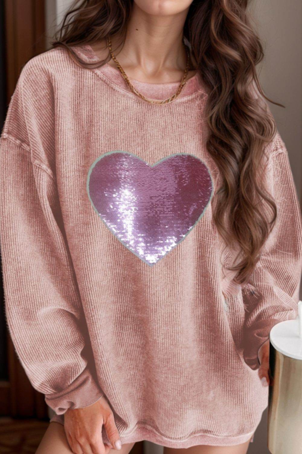 Valentine’s Day Sequin Heart Round Neck Long Sleeve Sweatshirt Dusty Pink for a perfect OOTD – dress to impress outfits from Amexza