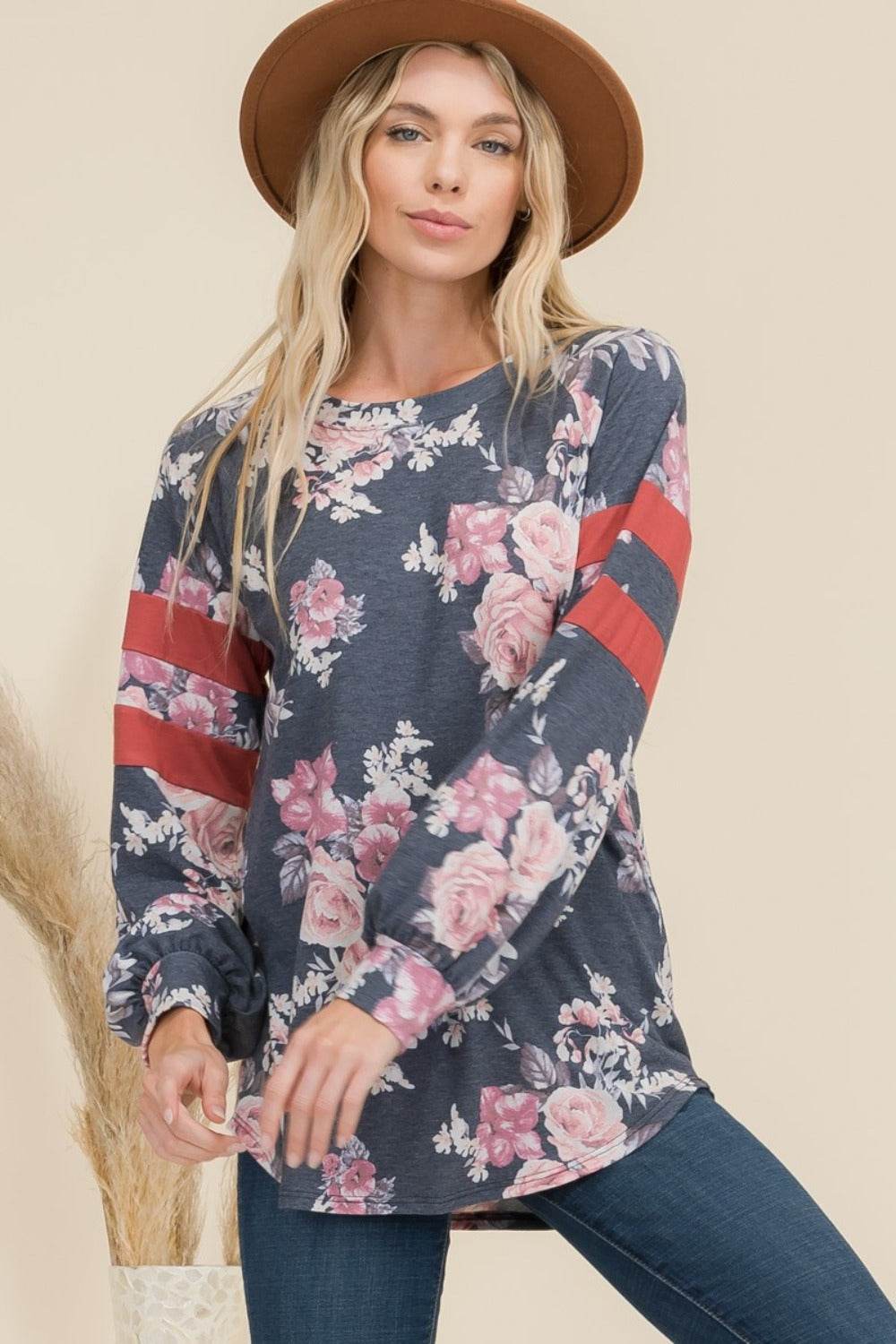 Celeste Full Size Floral Curved Hem T-Shirt with Stripe Detail for a perfect OOTD – dress to impress outfits from Amexza