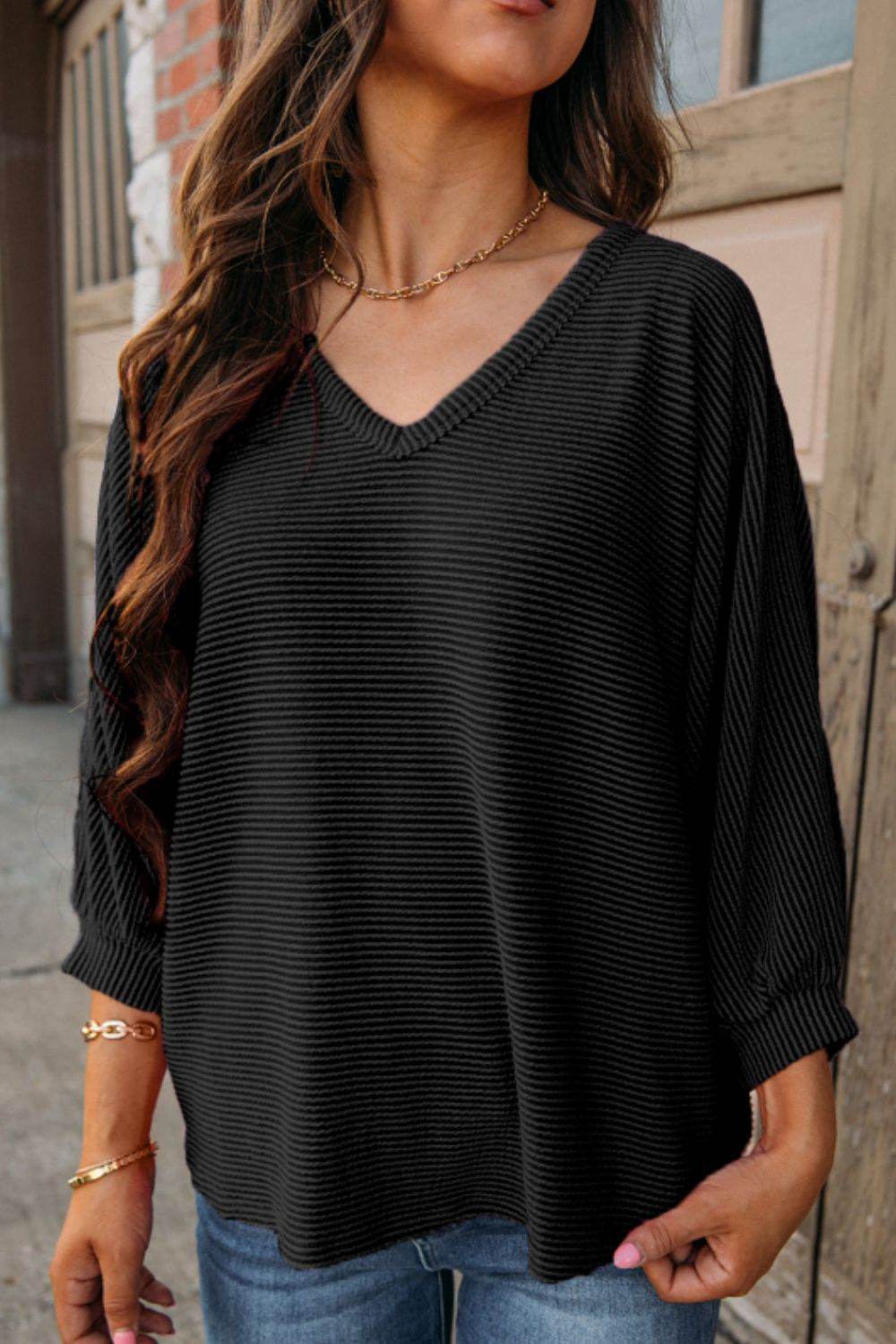 Texture V-Neck Long Sleeve Top for a perfect OOTD – dress to impress outfits from Amexza