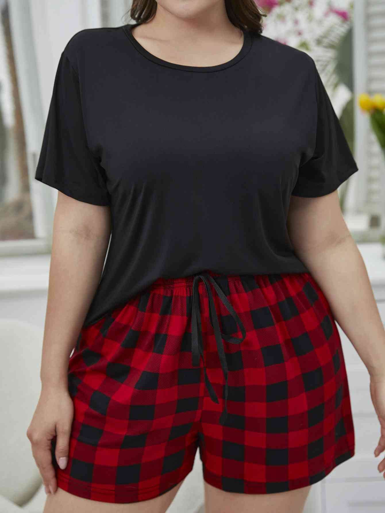 Plus Size Round Neck Tee Shirt and Plaid Shorts Lounge Set for a perfect OOTD – dress to impress outfits from Amexza