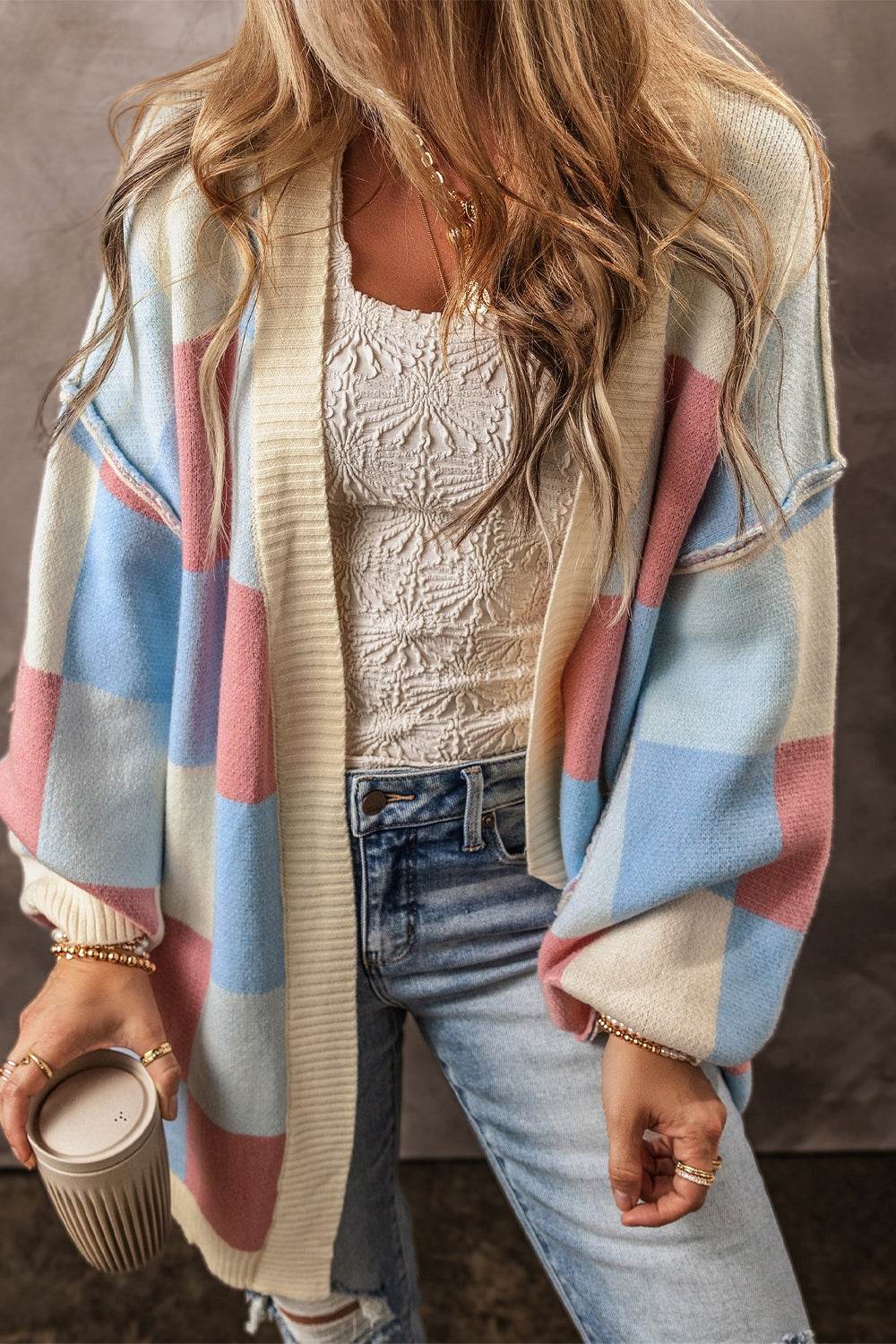 Exposed Seam Color Block Open Front Cardigan Light Blue for a perfect OOTD – dress to impress outfits from Amexza