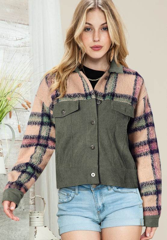 Plaid Corduroy Flap Pockets Button Up Jacket for a perfect OOTD – dress to impress outfits from Amexza