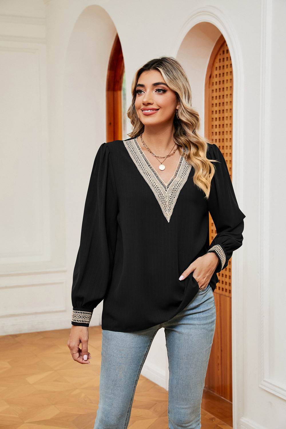 Contrast Puff Sleeve Blouse Black for a perfect OOTD – dress to impress outfits from Amexza