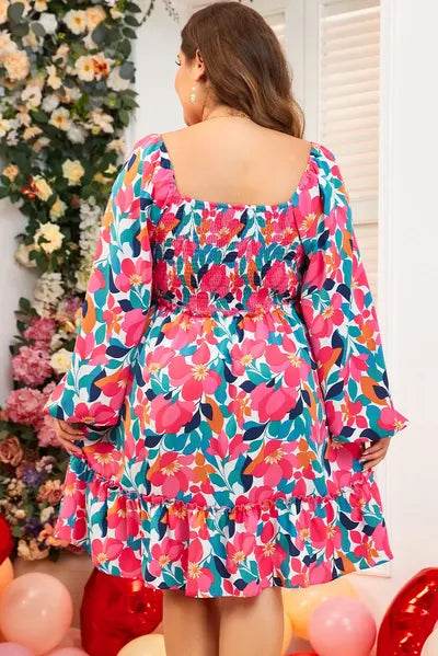 Plus Size Smocked Floral Square Neck Balloon Sleeve Dress for a perfect OOTD – dress to impress outfits from Amexza