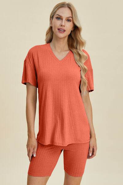 Basic Bae Full Size Ribbed V-Neck Short Sleeve Top and Shorts Set Coral for a perfect OOTD – dress to impress outfits from Amexza