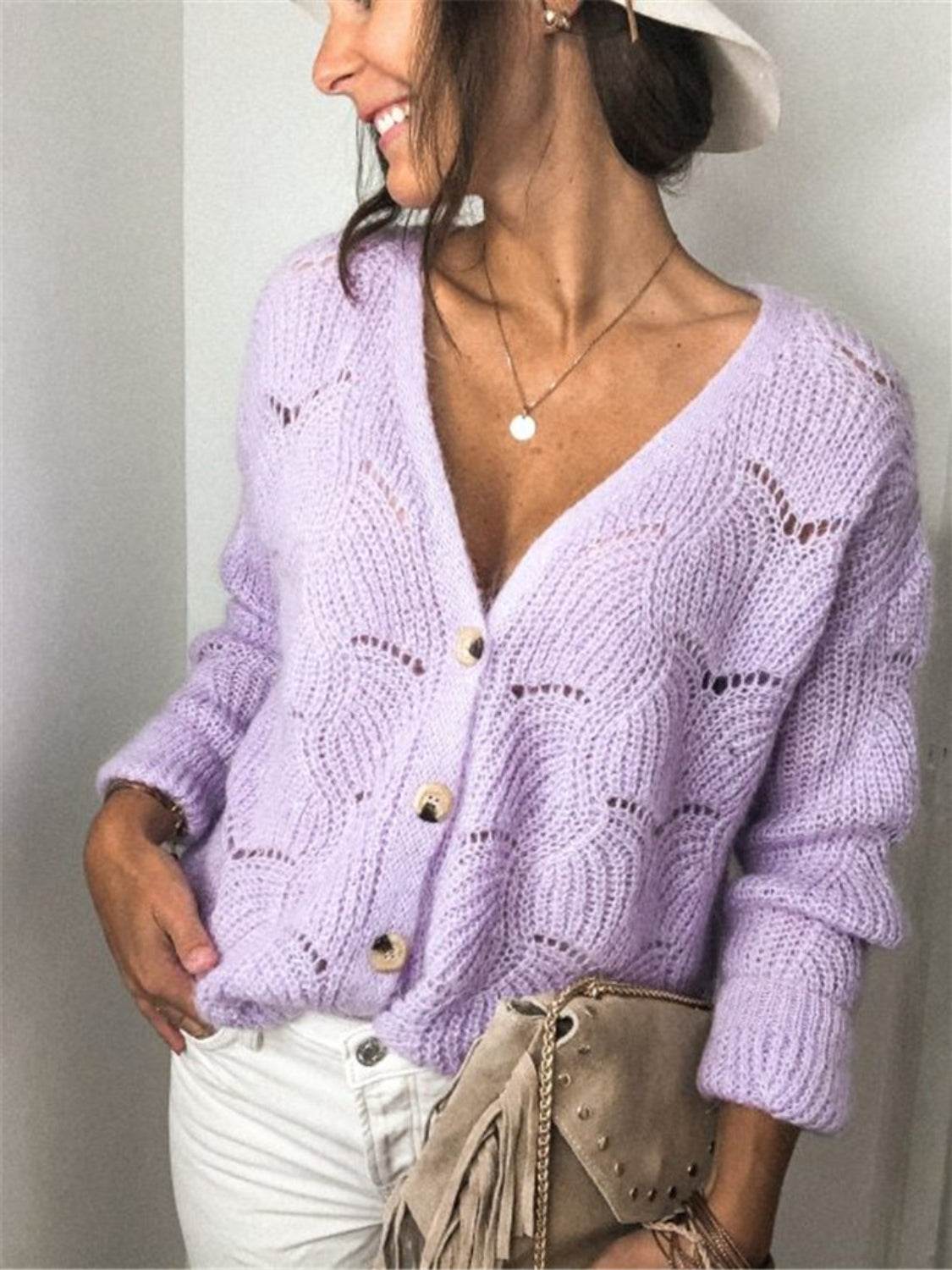 Openwork Button Up Long Sleeve Cardigan Lavender for a perfect OOTD – dress to impress outfits from Amexza