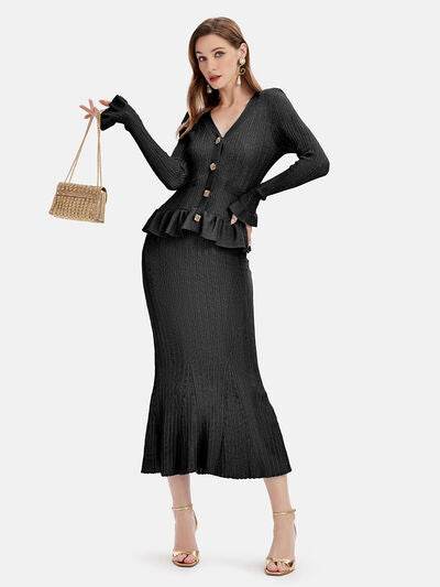 Ruffled V-Neck Top and Midi Skirt Sweater Set Black One Size for a perfect OOTD – dress to impress outfits from Amexza