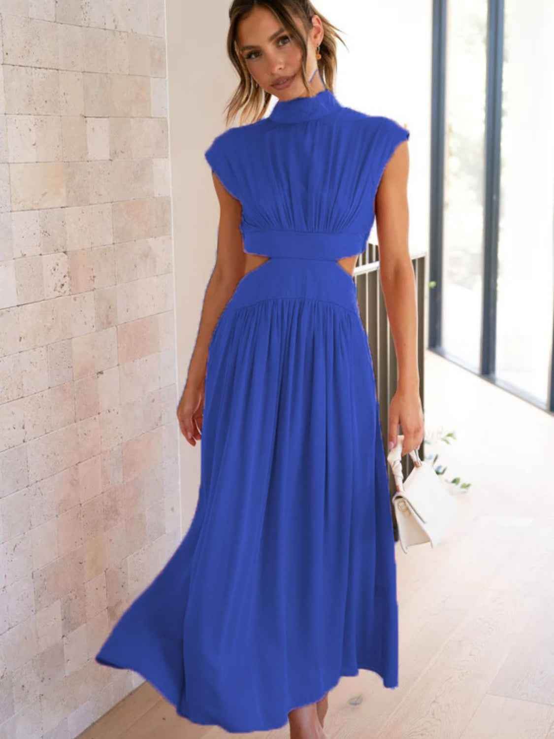 Cutout Mock Neck Sleeveless Ruched Dress Royal Blue for a perfect OOTD – dress to impress outfits from Amexza