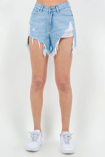 American Bazi High Waist Fringed Hem Denim Shorts - Amexza