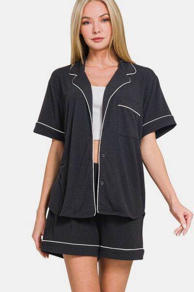 Zenana Button Down Short Sleeve Top and Shorts Lounge Set Black for a perfect OOTD – dress to impress outfits from Amexza