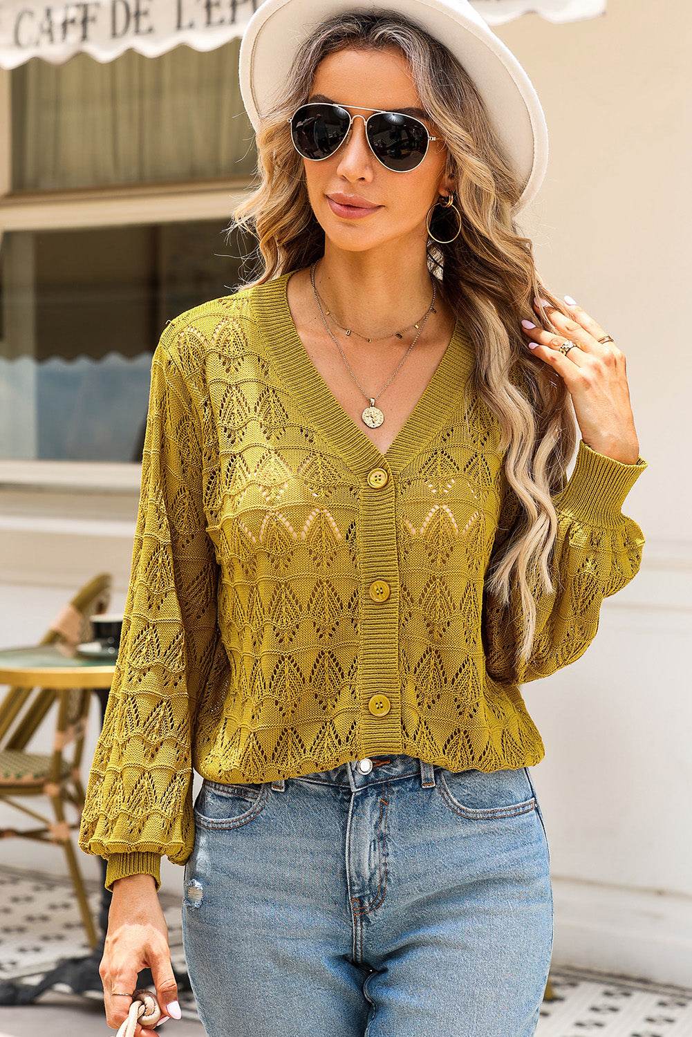 Openwork V-Neck Cardigan Chartreuse for a perfect OOTD – dress to impress outfits from Amexza