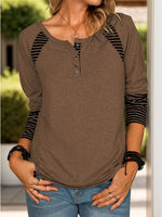 Full Size Striped Quarter Button Long Sleeve T-Shirt - Amexza