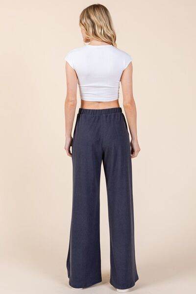 BOMBOM Elastic Waist Wide Leg Pants with Pockets - Amexza