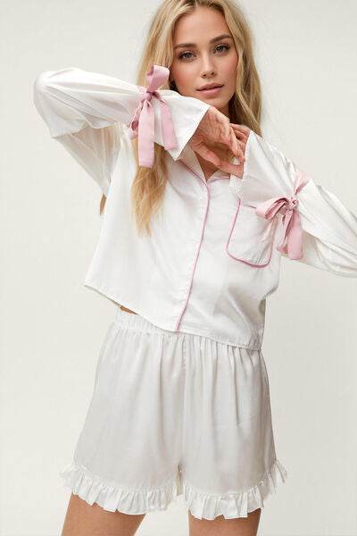 Basic Bae Tied Cuff Collared Neck Top and Frill Shorts Lounge Set - Amexza