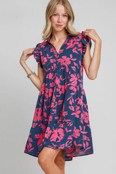 Umgee Full Size Floral Print Ruffle Cap Sleeve Tiered Dress Plus Size NAVY PINK for a perfect OOTD – dress to impress outfits from Amexza