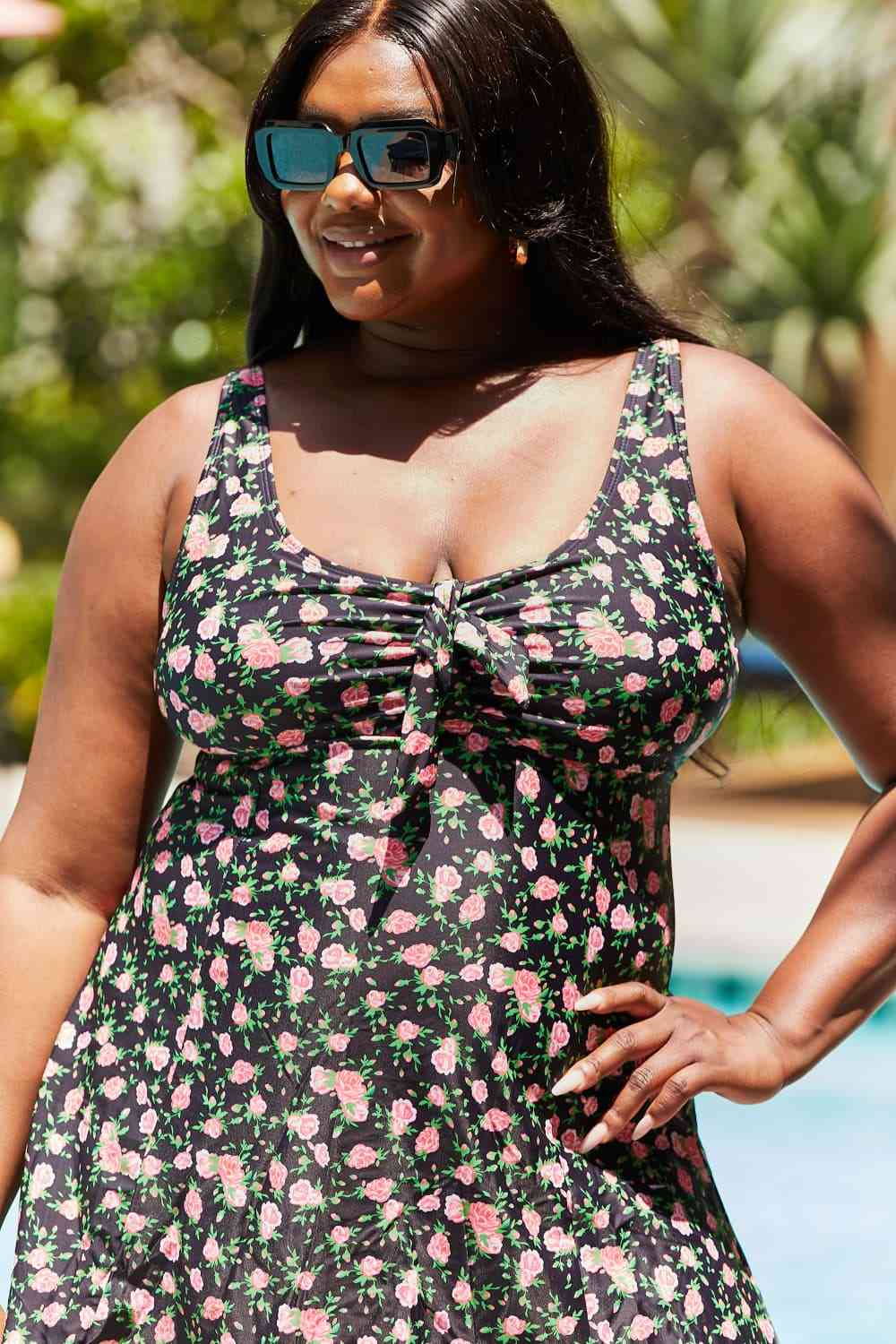 Marina West Swim Full Size Clear Waters Swim Dress in Black Roses for a perfect OOTD – dress to impress outfits from Amexza