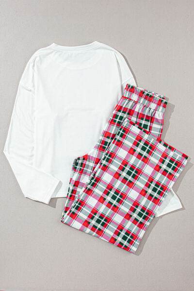 MERRY CHRISTMAS Round Neck Top and Plaid Pants Set for a perfect OOTD – dress to impress outfits from Amexza