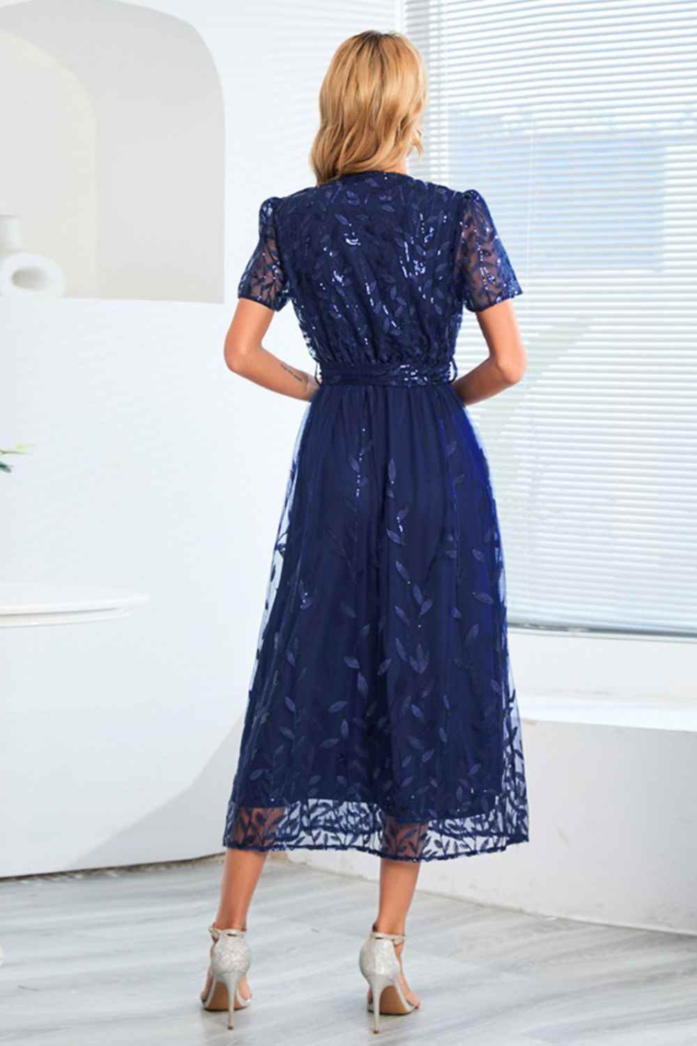 Sequin Leaf Embroidery Tie Front Short Sleeve Dress for a perfect OOTD – dress to impress outfits from Amexza