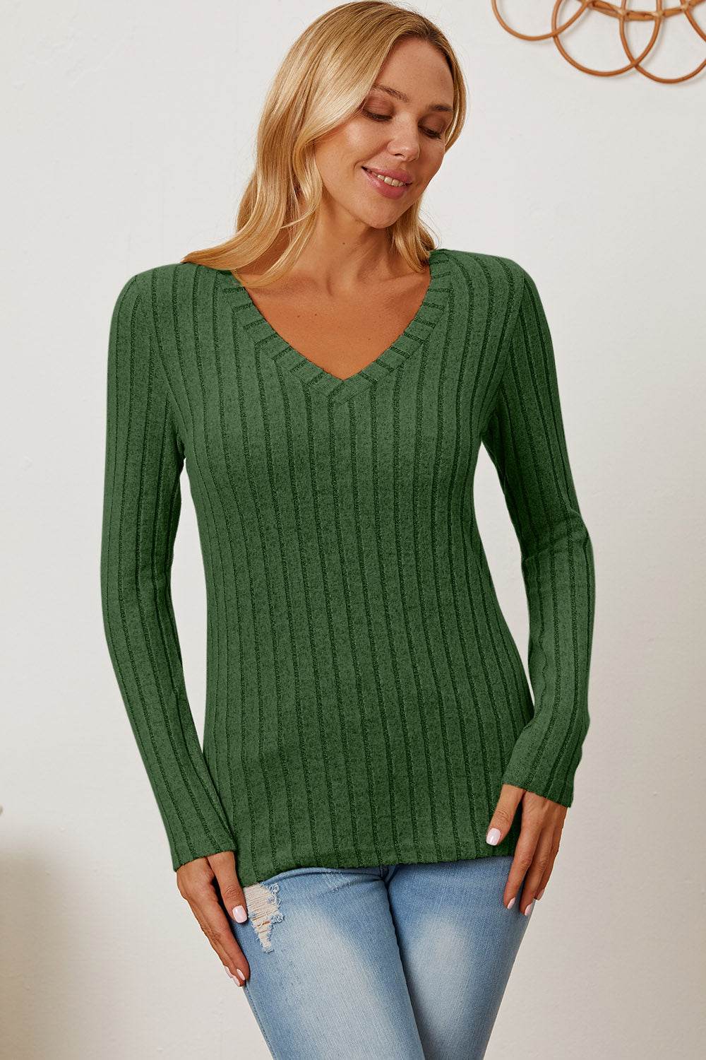 Basic Bae Full Size Ribbed V-Neck Long Sleeve T-Shirt for a perfect OOTD – dress to impress outfits from Amexza