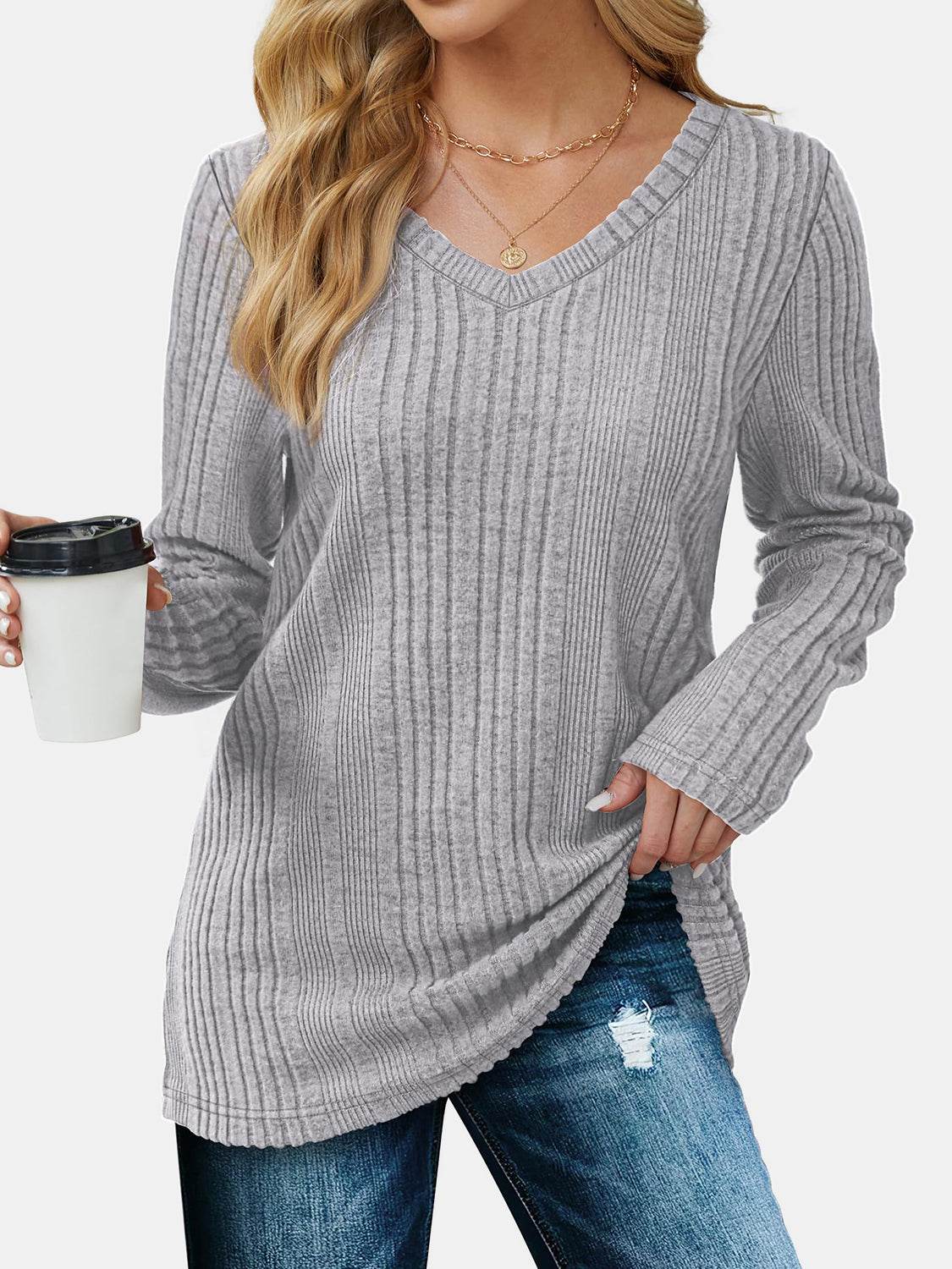 V-Neck Long Sleeve T-Shirt for a perfect OOTD – dress to impress outfits from Amexza