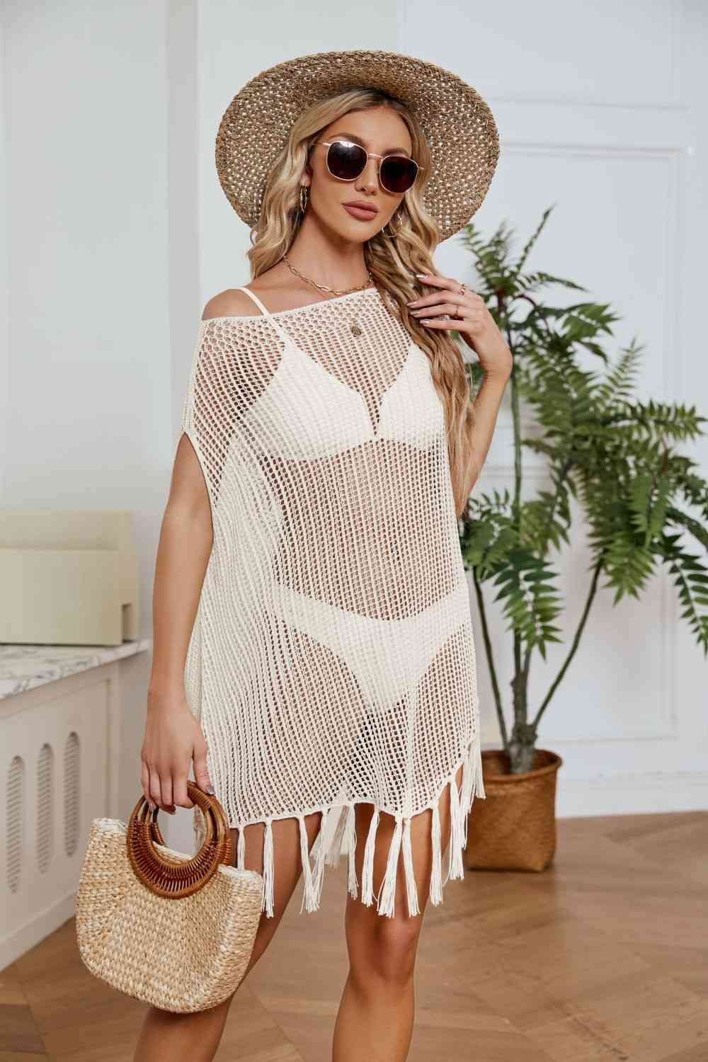 Fringe Trim Openwork Cover-Up Dress for a perfect OOTD – dress to impress outfits from Amexza