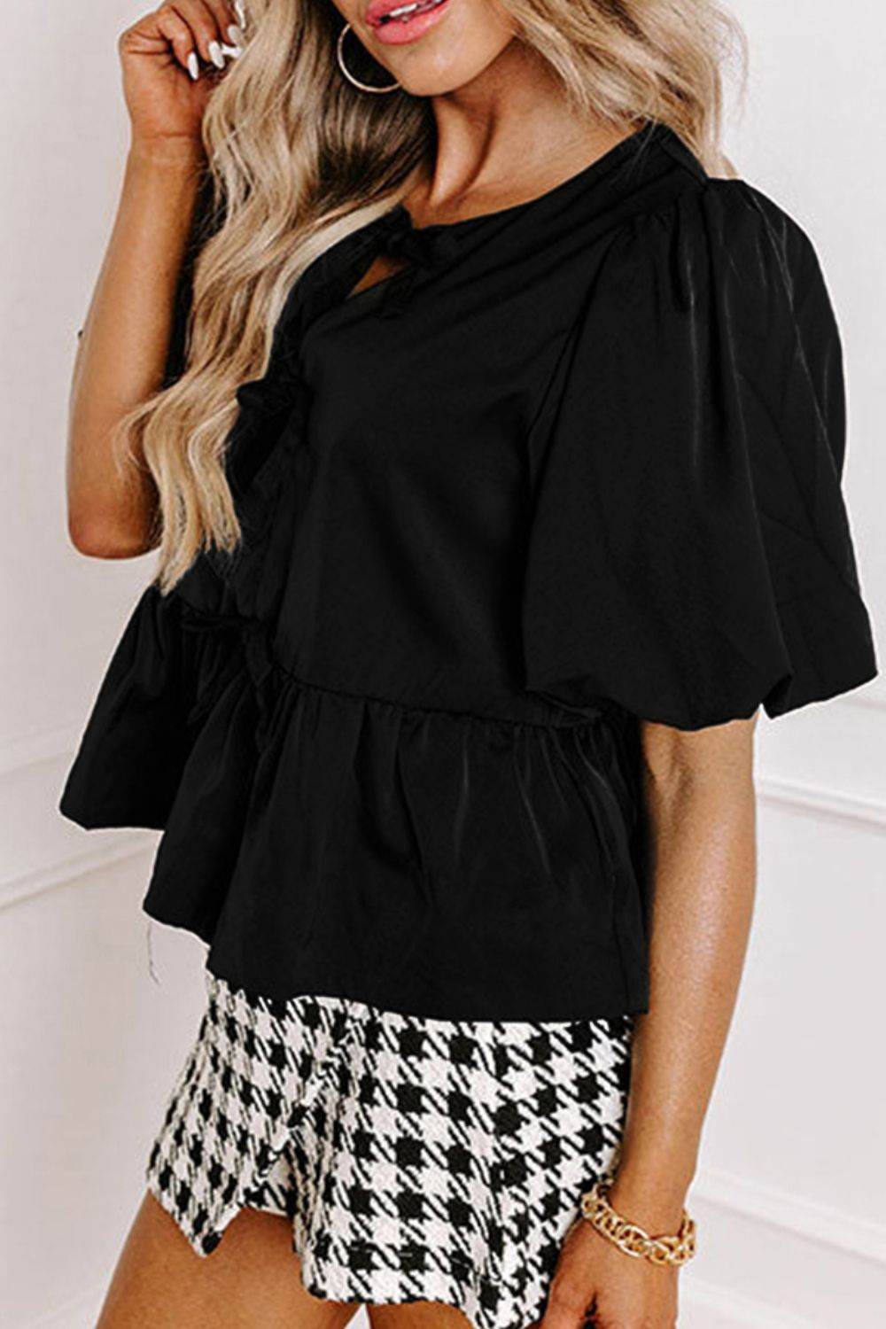 Cutout Round Neck Puff Sleeve Blouse for a perfect OOTD – dress to impress outfits from Amexza