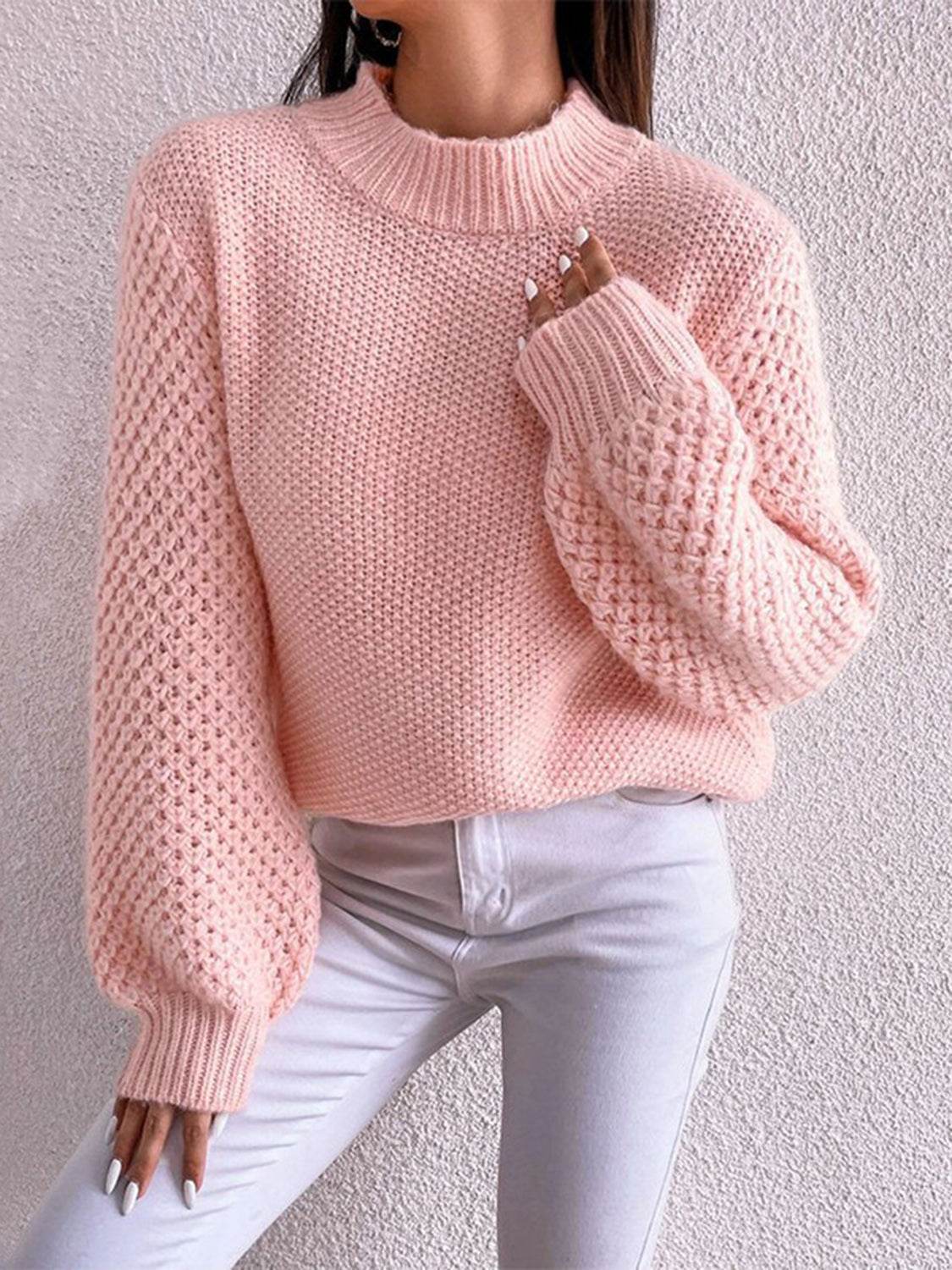 Openwork Mock Neck Long Sleeve Sweater Dusty Pink for a perfect OOTD – dress to impress outfits from Amexza