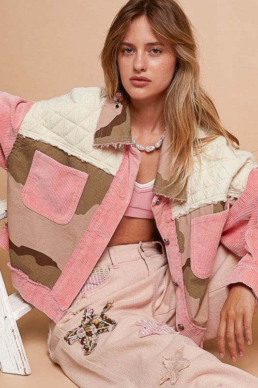 POL Corduroy Jacquard Patchwork Button Up Jacket Neon Pink Multicolor for a perfect OOTD – dress to impress outfits from Amexza