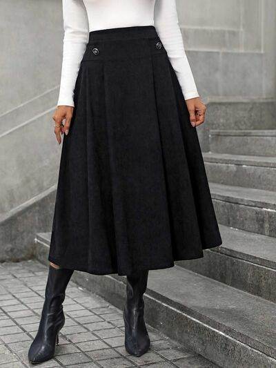 Decorative Button Ruched Midi Skirt Black for a perfect OOTD – dress to impress outfits from Amexza