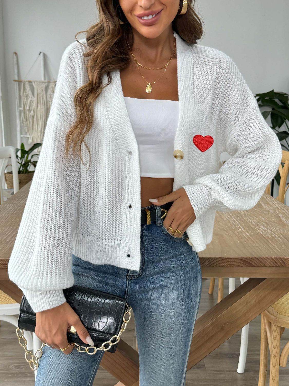 Heart Button Down V-Neck Long Sleeve Cardigan - Amexza