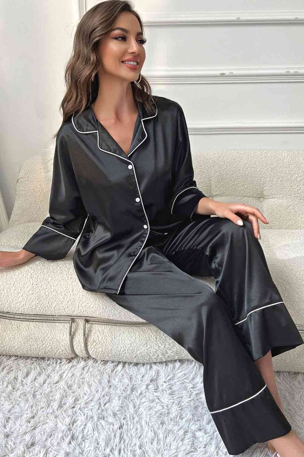 Contrast Piping Button-Up Top and Pants Pajama Set for a perfect OOTD – dress to impress outfits from Amexza