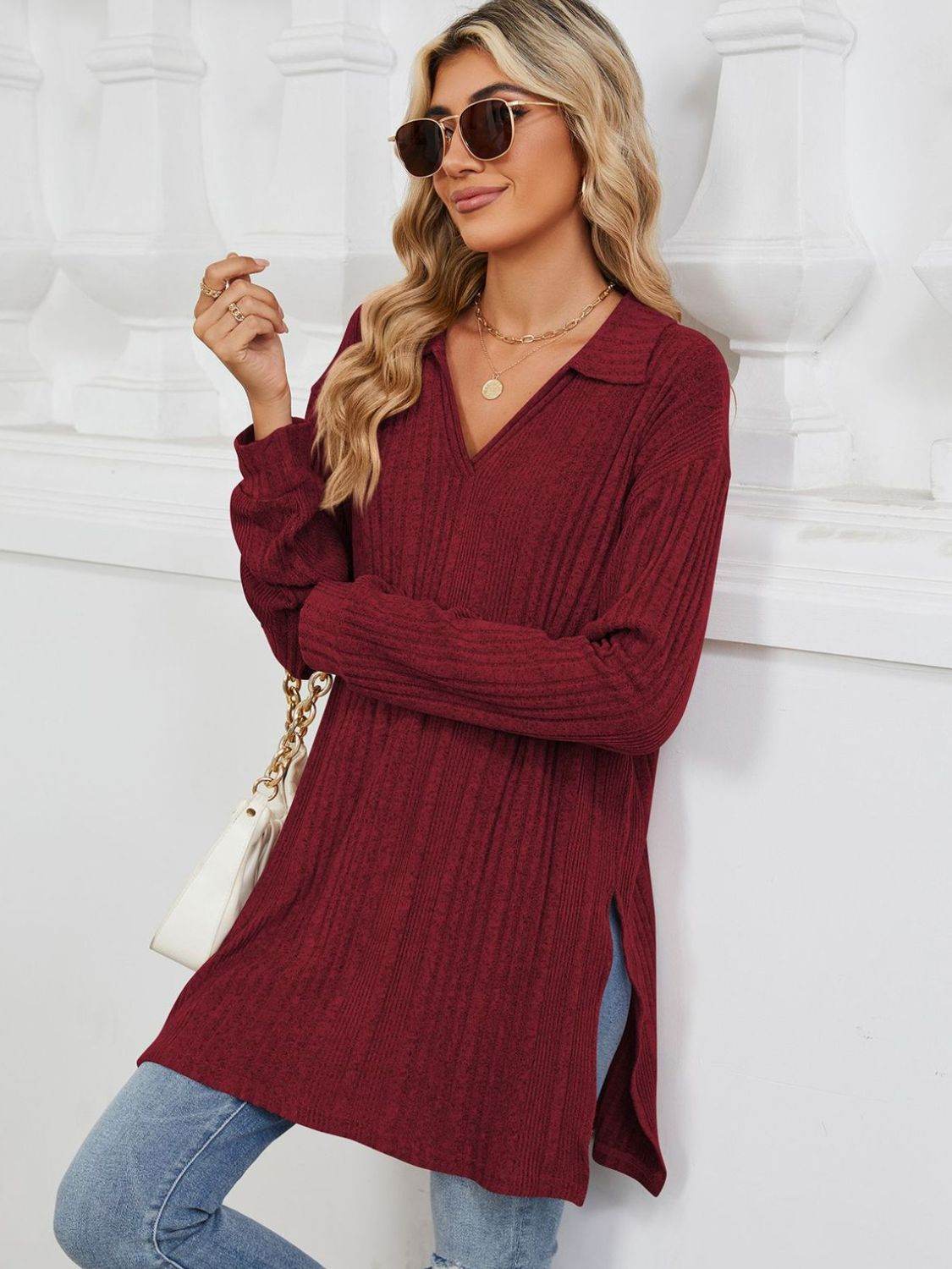 Slit Johnny Collar Long Sleeve T-Shirt for a perfect OOTD – dress to impress outfits from Amexza