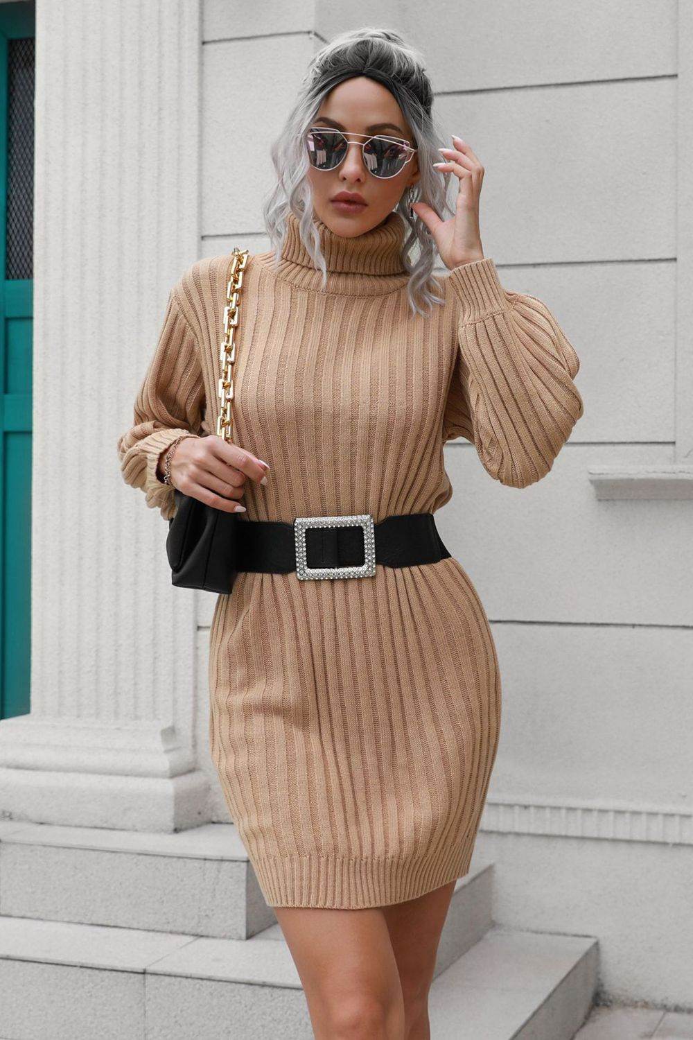 Ribbed Turtle Neck Long Sleeve Mini Sweater Dress - Amexza