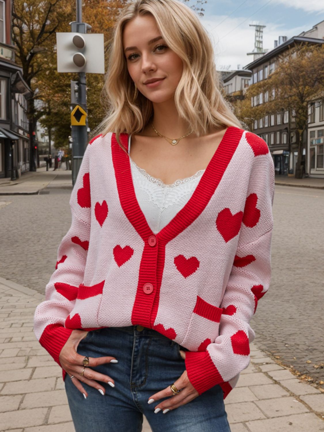 Heart Button Up Dropped Shoulder Long Sleeve Cardigan Blush Pink for a perfect OOTD – dress to impress outfits from Amexza