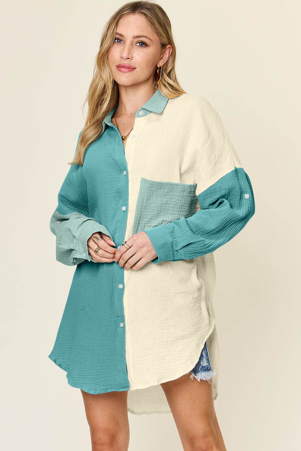 Double Take Full Size Pocketed Texture Button Up Shirt for a perfect OOTD – dress to impress outfits from Amexza