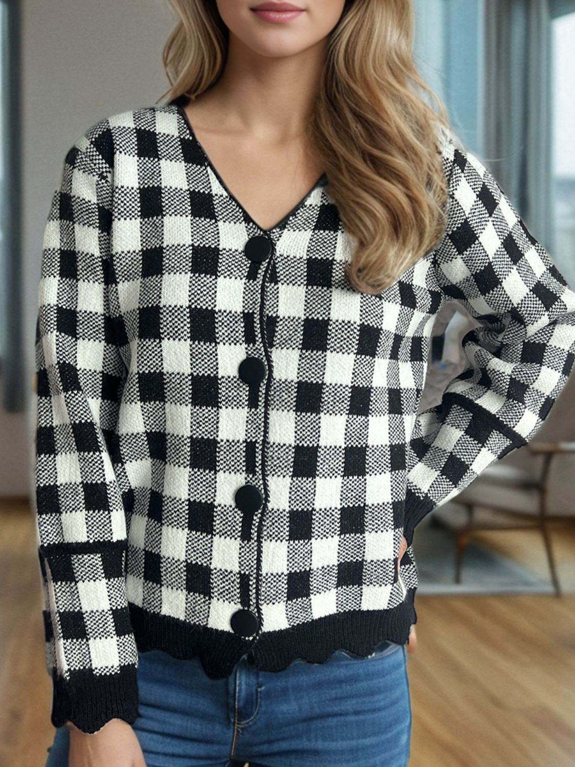 Plaid V-Neck Button Up Cardigan for a perfect OOTD – dress to impress outfits from Amexza