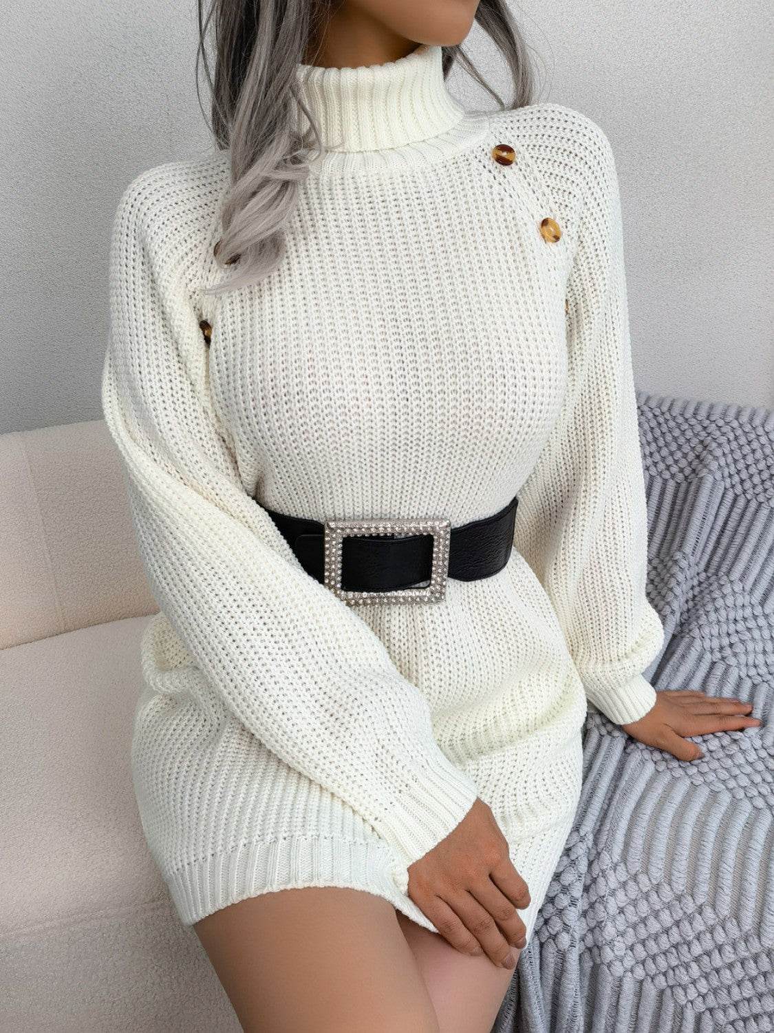 Decorative Button Turtleneck Sweater Dress for a perfect OOTD – dress to impress outfits from Amexza
