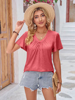Double Take Ruched V-Neck Short Sleeve T-Shirt - Amexza