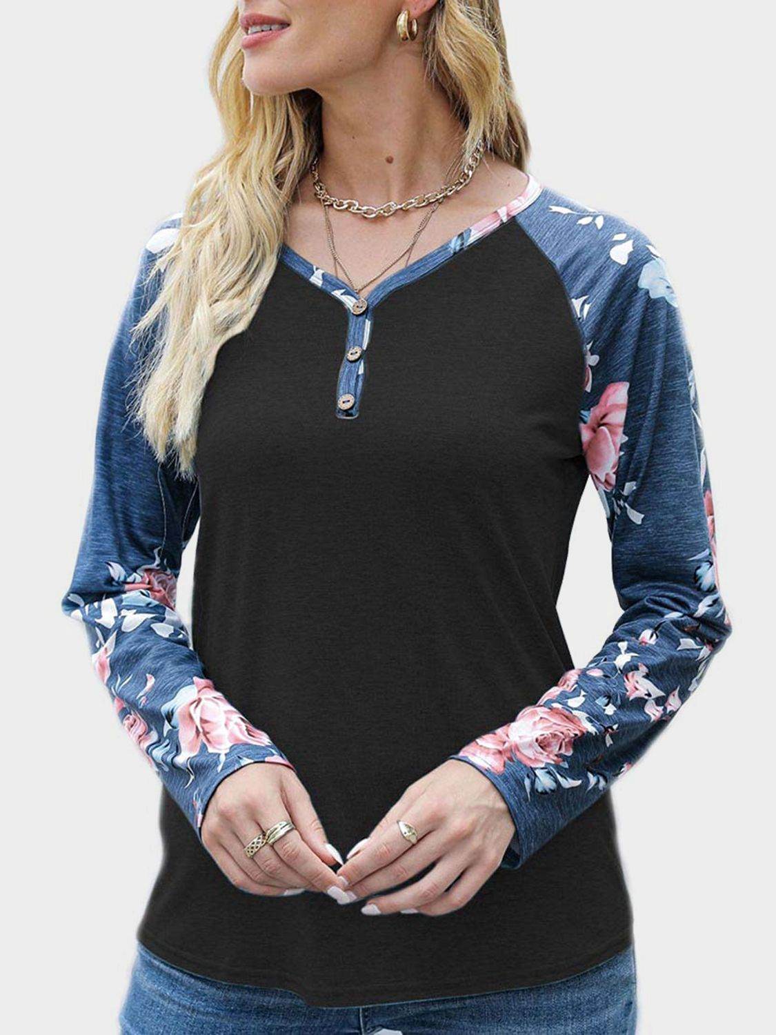 V-Neck Floral Long Sleeve T-Shirt for a perfect OOTD – dress to impress outfits from Amexza