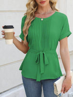 Tied Pleated Round Neck Short Sleeve Top - Amexza