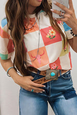 Checker Print Round Neck Short Sleeve T-Shirt - Amexza